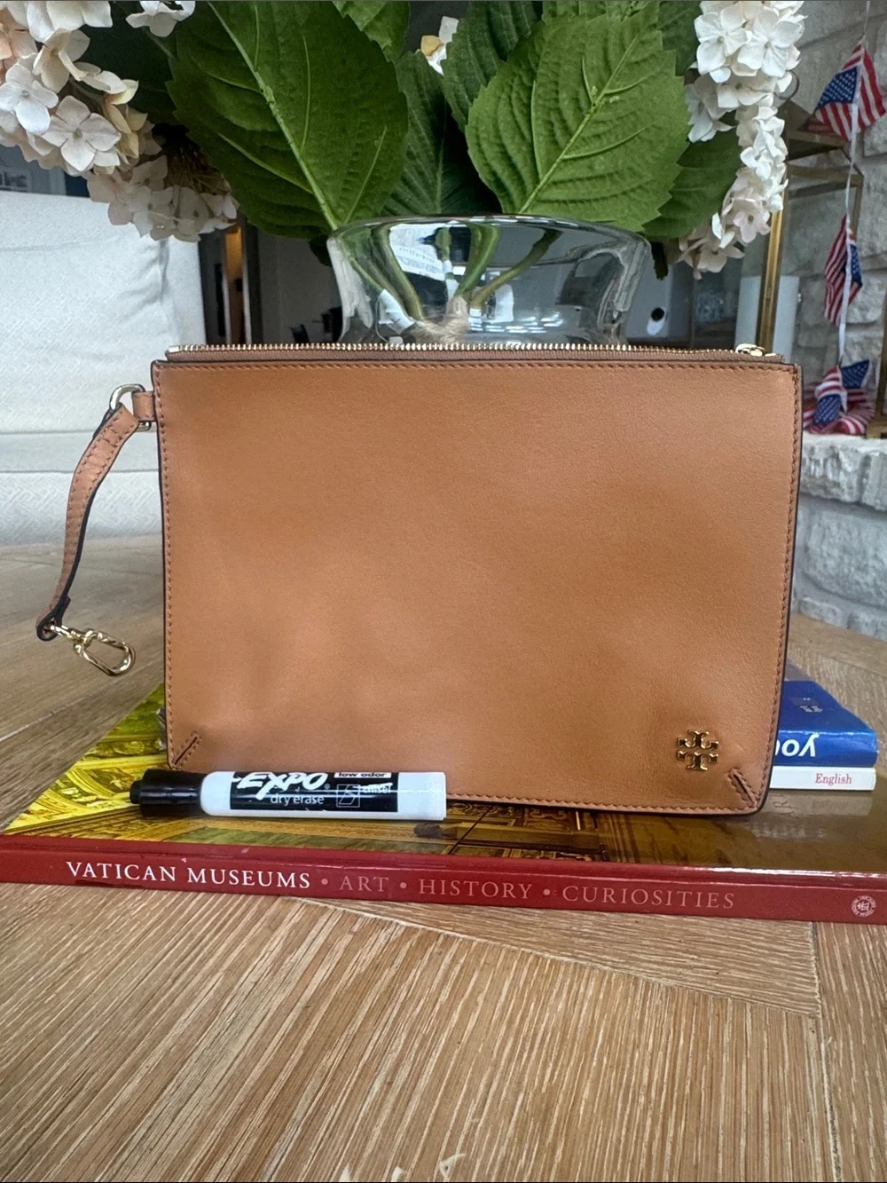 Tory Burch Cognac Leather Wristlet with Gold Hardware